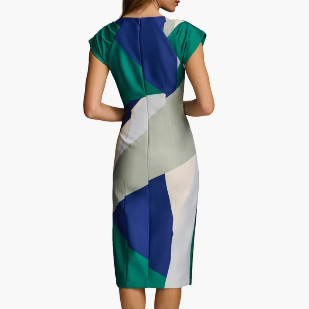 Donna Karan Blue Green Cream Abstract Print Short Sleeve Boat Neck Midi Dress - Picture 8 of 16